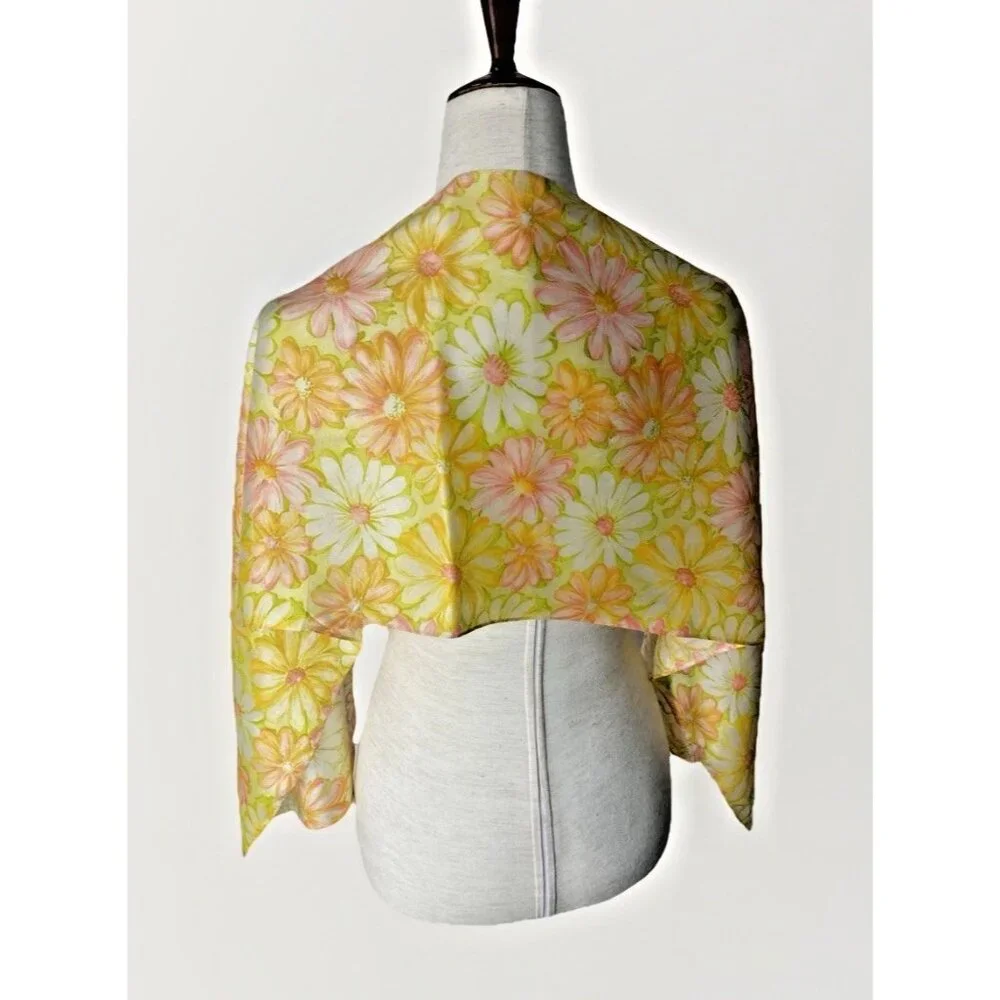 Vintage Floral Scarf Yellow Pink Daisy Sheer Mod Retro 60s 70s 13 x 53 Cottage - Picture 4 of 8